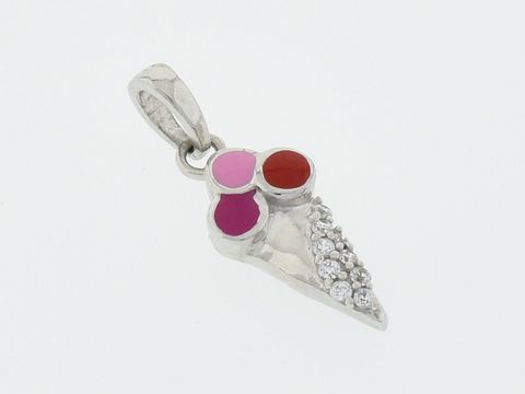 Eistüte Silber Anhänger zauberhaft rhodiniert mit bunten Lackapplikationen in Rot und Pink sowie funkelnden Zirkonia. Hersteller Juwelier Harnisch, geeignet für Kinder.