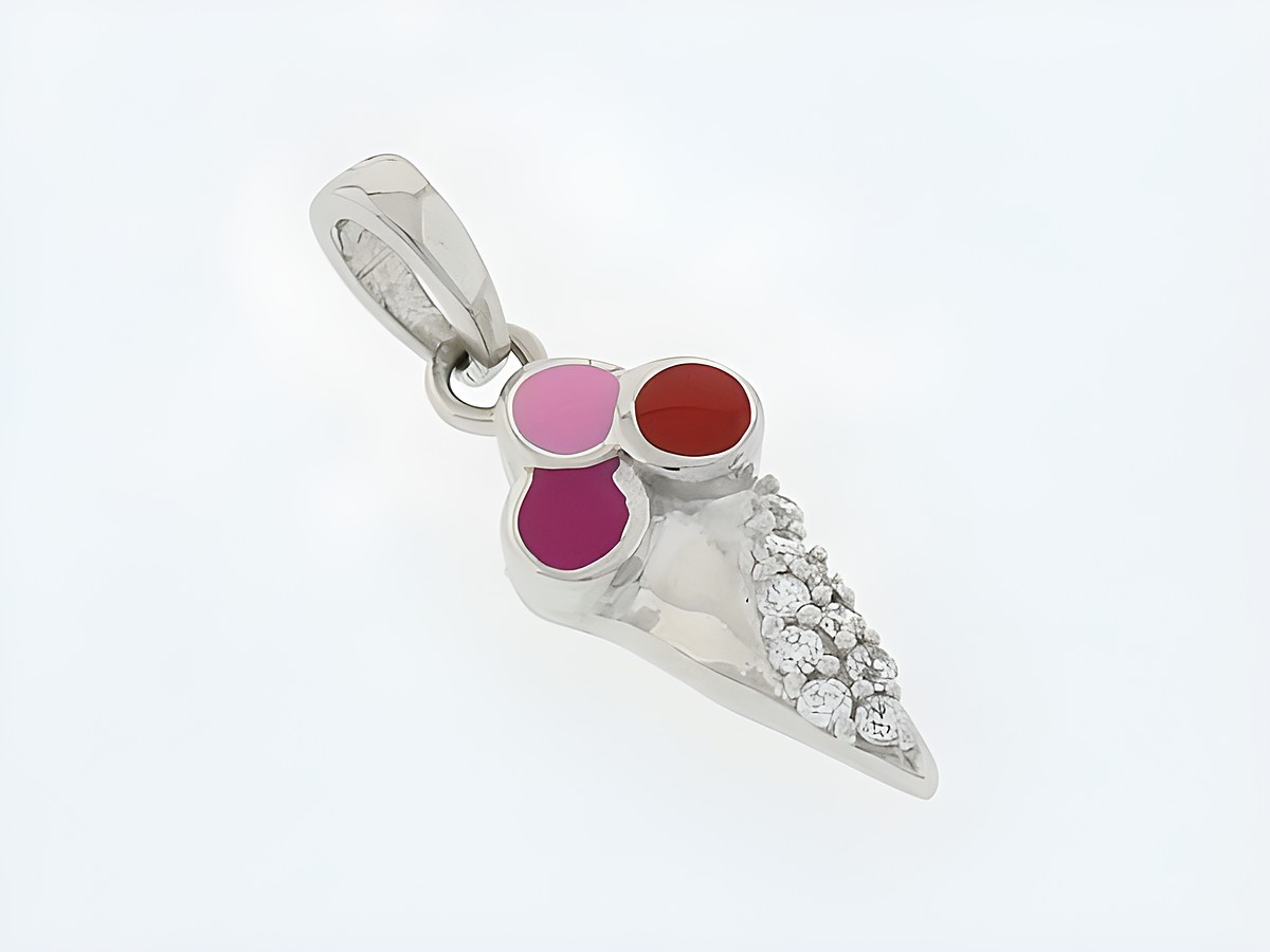 Eistüte Silber Anhänger zauberhaft rhodiniert mit bunten Lackapplikationen in Rot und Pink sowie funkelnden Zirkonia. Hersteller Juwelier Harnisch, geeignet für Kinder.