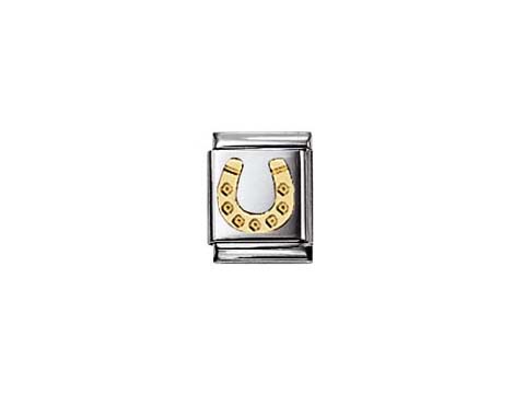 Hufeisen aus goldfarbenem Metall auf silbernem Hintergrund, oben geöffnet, von der Marke Nomination, Modell Good Luck, geeignet zur Verwendung in Armbändern oder Anhängern.