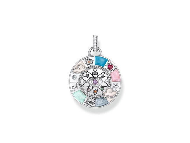 Thomas Sabo PE962-340-7 Anhänger in Form eines Glücksrades mit kosmischen Symbolen, aus geschwärztem Silber und Glas-Keramik Stein, farbenfroh gestaltet mit verschiedenen Motiven.