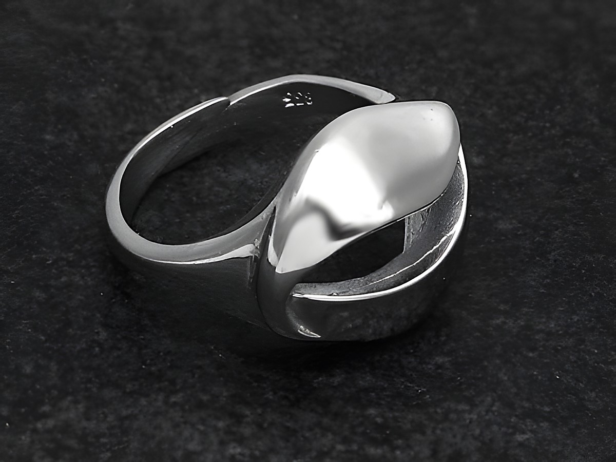 Silberring rho im stilvollen Design, weit verstellbar, Hersteller Juwelier Harnisch, rhodiniert, ohne Stein, mit elegantem, geschwungenem Verlauf.