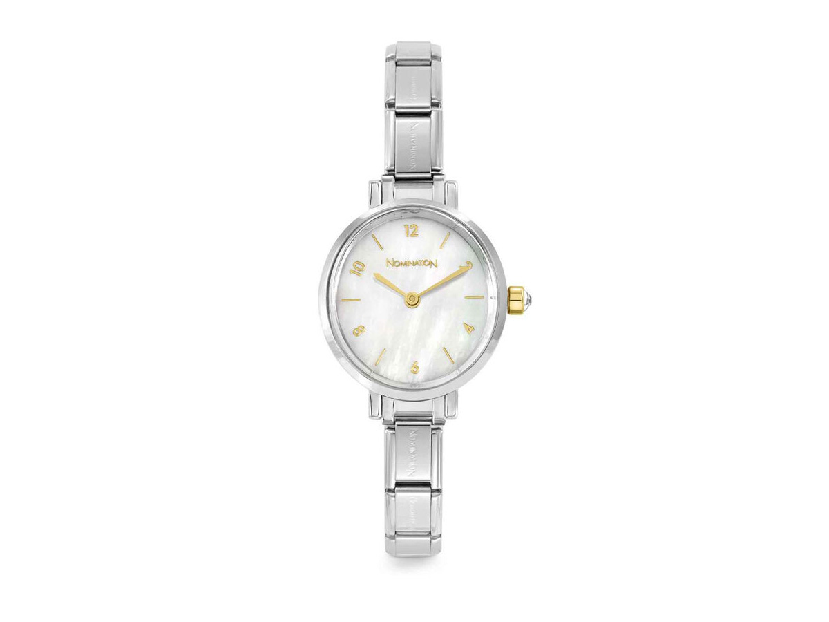 Edelstahl Armbanduhr von Nomination mit ovalem Gehäuse und weißem Perlmutt-Ziffernblatt, goldfarbene Zeiger und eine klassische Armbandgliederung. Ideal für jeden Anlass.
