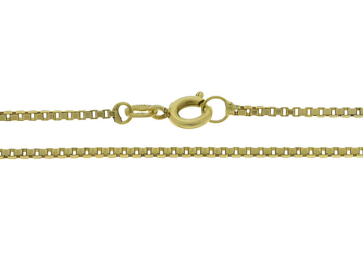 Hochwertige vergoldete Venezianerkette mit einer Länge von 63 cm und einer Dicke von 1,2 mm, hergestellt von Juwelier Harnisch, zeigt den Verschluss und das Kettenmuster.