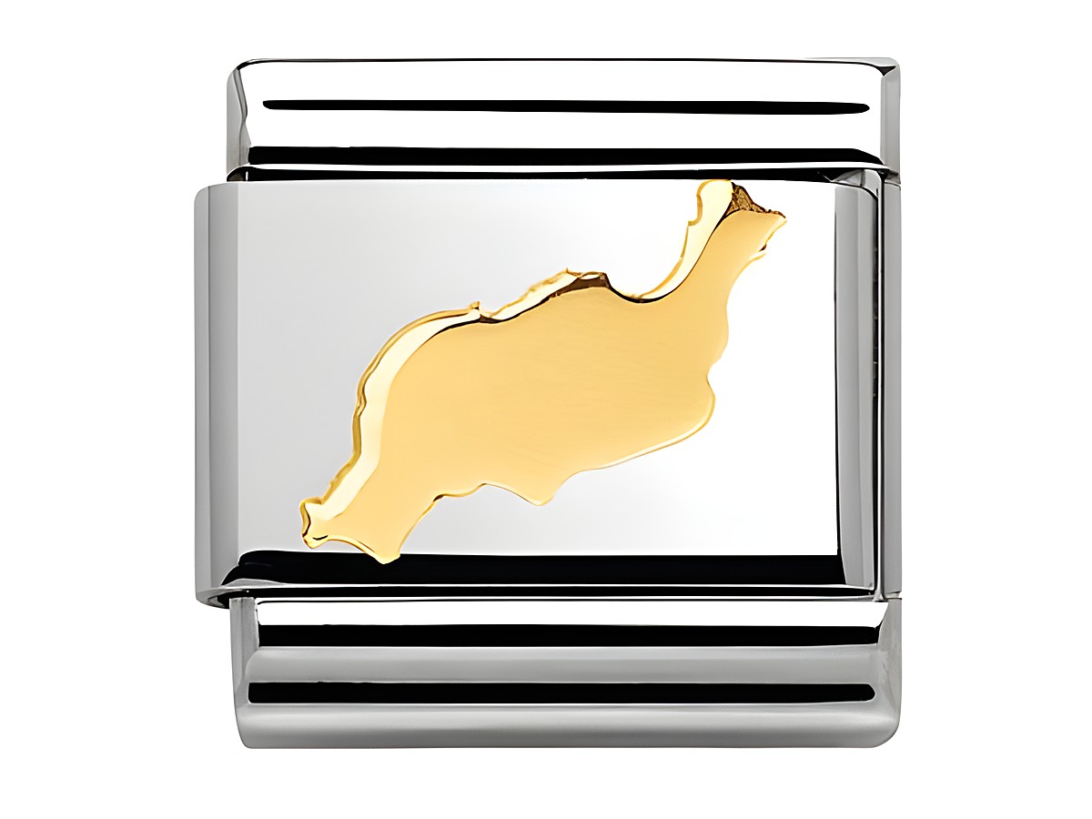 Ein silbernes Armbandglied mit einer goldenen Kontur der Insel Lanzarote, die in der Mitte platziert ist, ideal für Liebhaber von Geographie und besonderen Schmuckstücken.