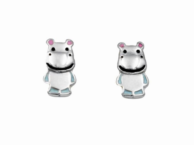 Ohrstecker Nilpferd aus 925 Sterling Silber, poliert und rhodiniert, für Kinder geeignet, zeigt ein niedliches Nilpferd-Design mit bunten Akzenten. Ideal als Geschenk oder Schmuckstück.