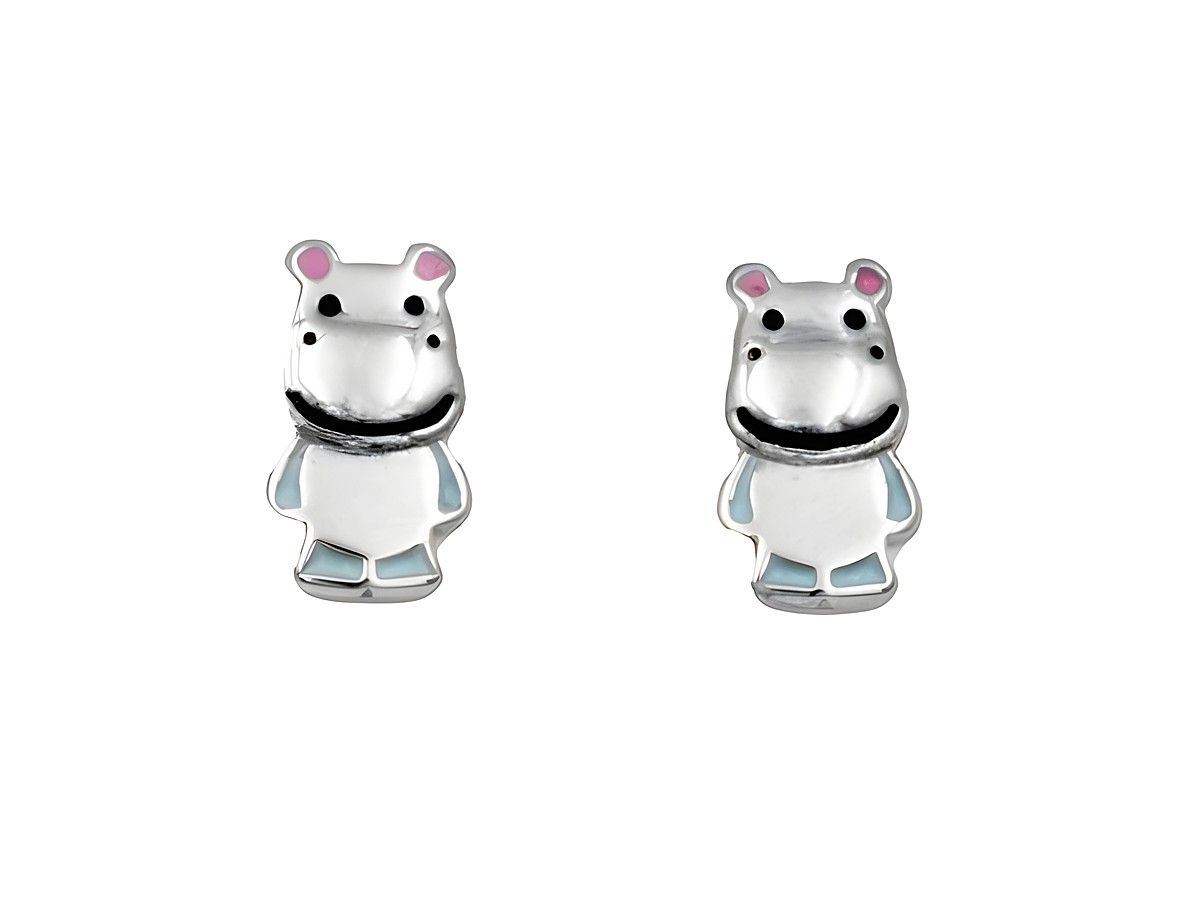 Ohrstecker Nilpferd aus 925 Sterling Silber, poliert und rhodiniert, für Kinder geeignet, zeigt ein niedliches Nilpferd-Design mit bunten Akzenten. Ideal als Geschenk oder Schmuckstück.