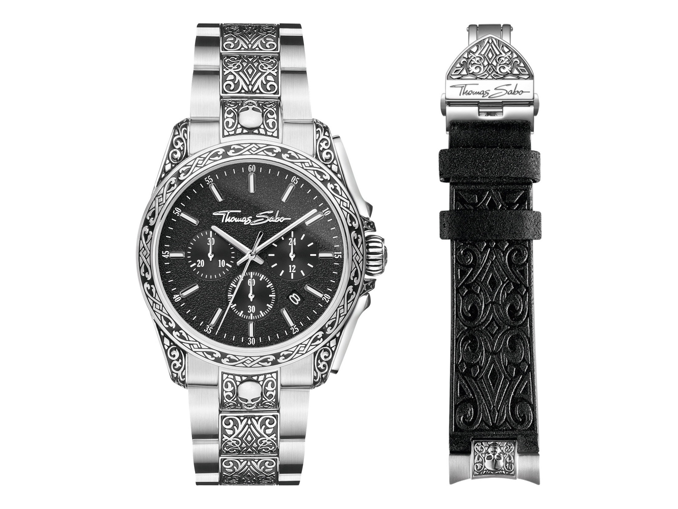 Schicke Thomas Sabo Uhr mit schwarzem Ziffernblatt und Totenkopf-Design, Edelstahlarmband und zusätzlichem Echtlederarmband, perfektes Accessoire für den Rebel at Heart Stil.