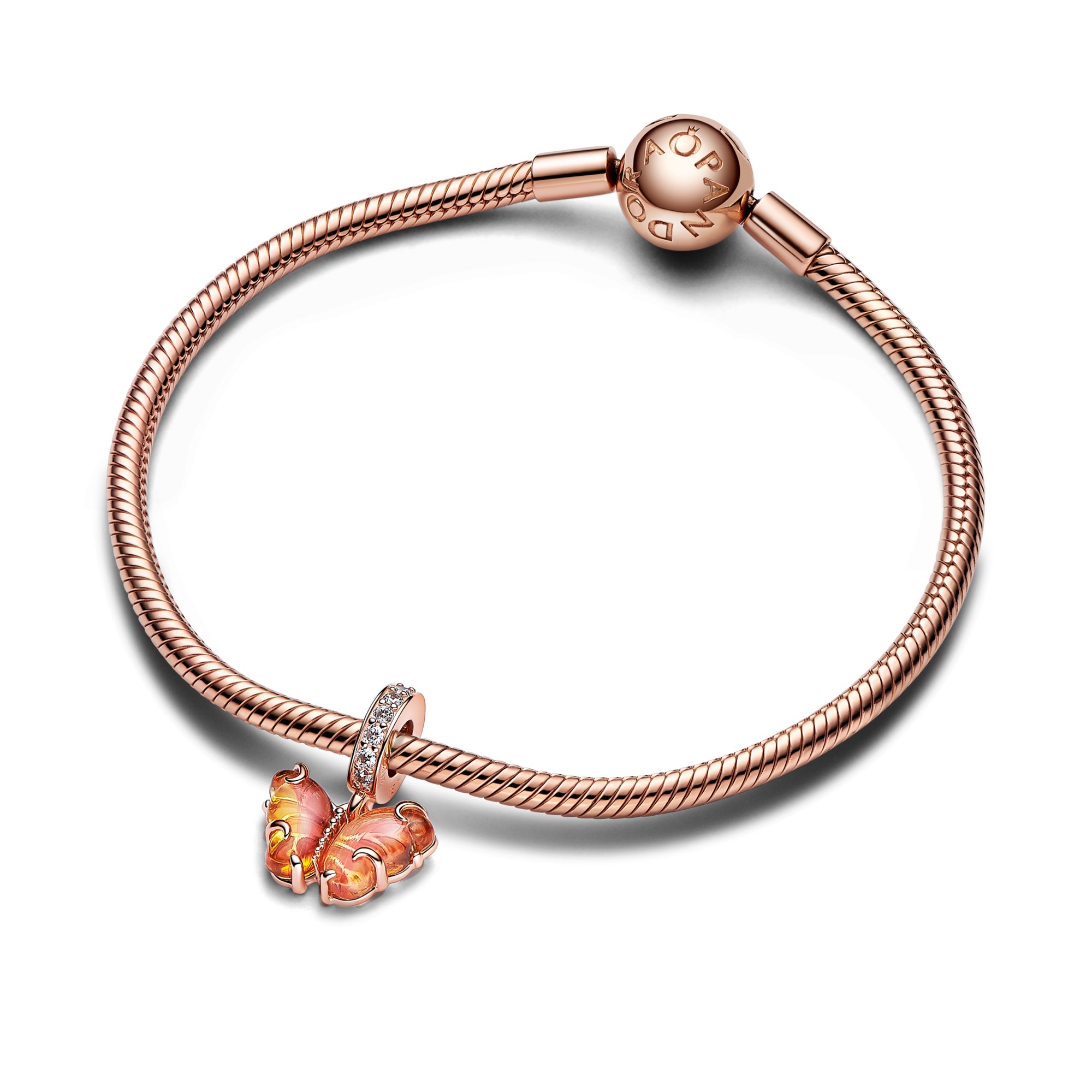 Pandora Rosafarbener & Gelber Murano-Glas Schmetterling Charm - Roségold verg. - Zirkonia Pink – Ansicht 2