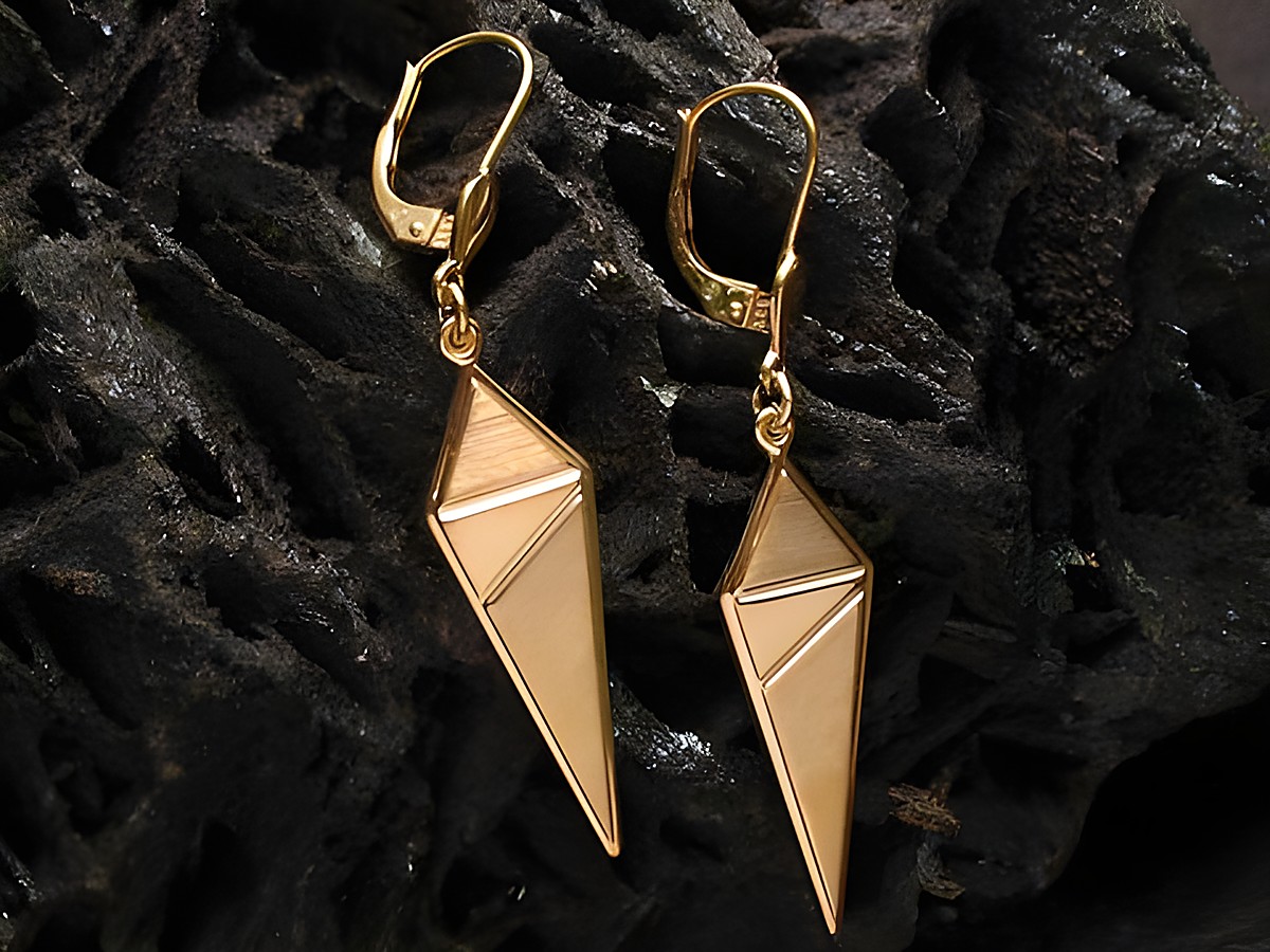 Ohrringe designbetont aus echt Gold von Juwelier Harnisch, mit hängendem, geometrischem Anhänger in besonderer Form, Ohrhänger ohne Stein, ideal für elegante Anlässe.