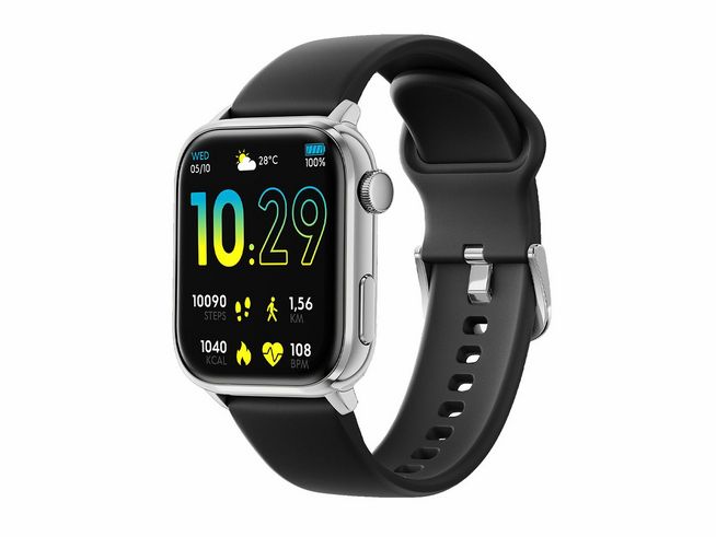 Schwarze Ice watch ICE Smart 2.0 Smartwatch mit silbernem Gehäuse und 1.96 Zoll Display, zeigt Uhrzeit, Schritte, Distanz und Herzfrequenz an. Ideal für Fitness und Alltag.