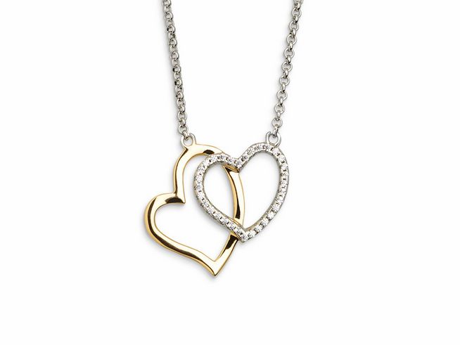 Sterling Silber Kette von Xenox mit zwei ineinanderhängenden Herzen, eines in Gelbgold vergoldet und das andere mit funkelnden Zirkonia, ideal für romantische Anlässe.
