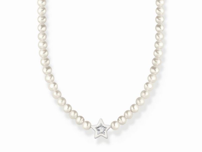 Eleganter Thomas Sabo Choker aus Silber mit weißen Perlen und einem leuchtenden Stern aus Emaille und Zirkonia, perfekt für jeden Anlass, verstellbar von 34 bis 42 mm.