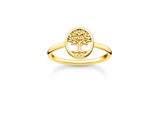 Thomas Sabo Charming Lebensbaum Ring aus Sterling Silber mit vergoldeter Oberfläche und Zirkonia in weiß. Der Ring hat einen ovalen Baum-Design und ist in Größe 56 erhältlich.