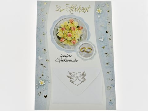 Hochzeitskarte mit Umschlag, verziert mit einem Strauß aus Rosen und zwei Ringen, hergestellt von Juwelier Harnisch, mit dem Text zur Hochzeit und lieben Glückwünschen.