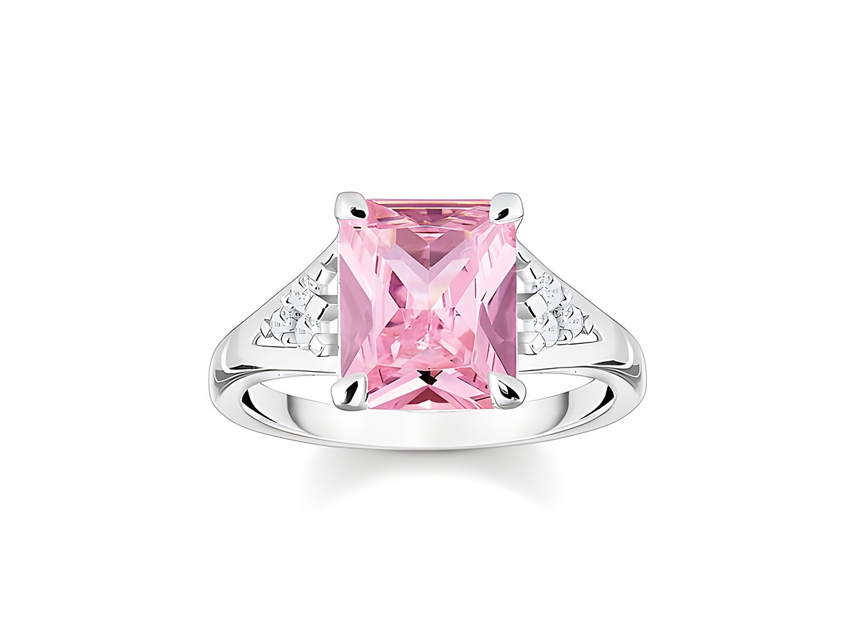 Silberner Ring von Thomas Sabo mit pinkem Oktagon-Zirkonia und glitzernden weißen Zirkoniasteinen an den Seiten, Größe 48.