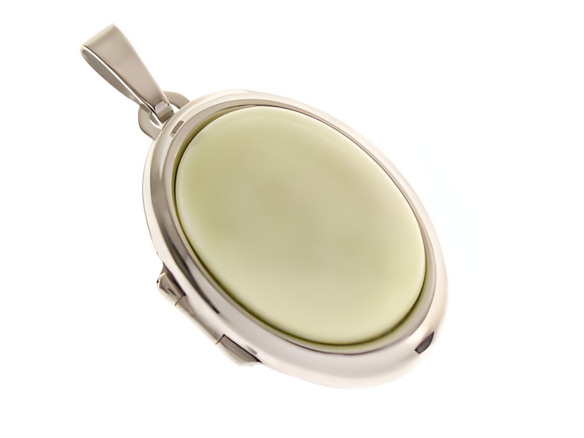 Lemon Chrysopras Medaillon Cabochon in Weißgold 585 vom Juwelier Harnisch, elegantes ovales Design mit glänzender Oberfläche und feiner Fassung, ideal für stilvolle Schmuckliebhaber.
