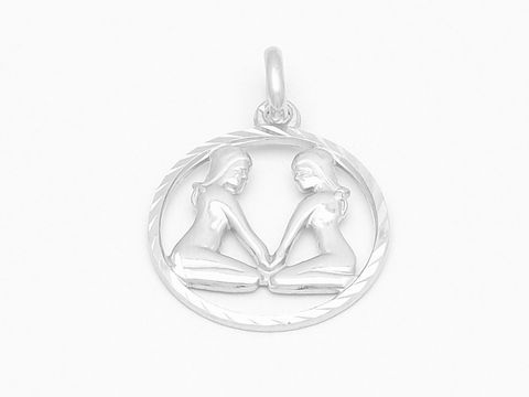 Zwillings Sternzeichen aus Weißgold 333, diamantiert, mit einer Darstellung zweier figürlicher Figuren in einem runden Anhänger, gefertigt von Juwelier Harnisch.