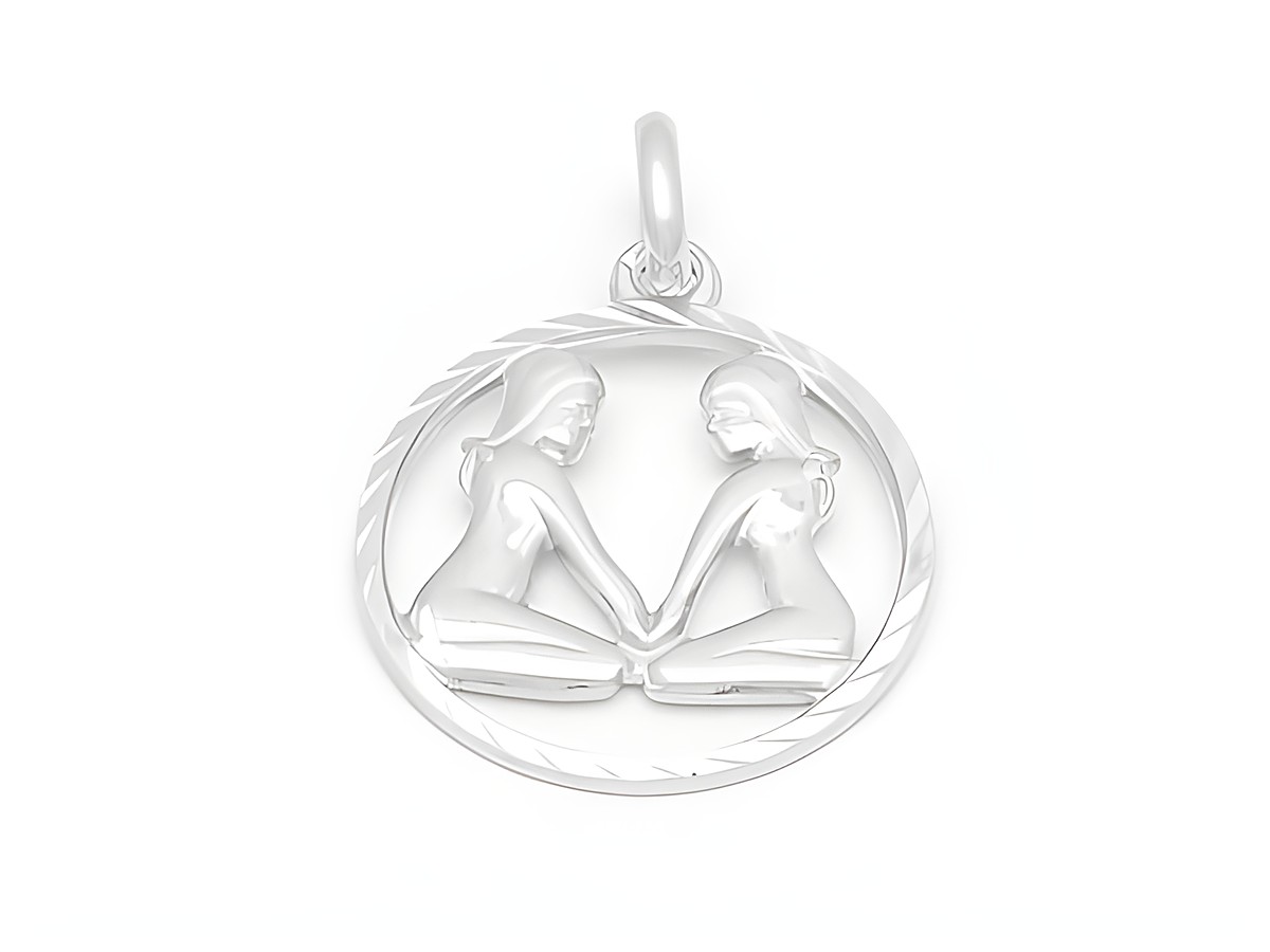 Zwillings Sternzeichen aus Weißgold 333, diamantiert, mit einer Darstellung zweier figürlicher Figuren in einem runden Anhänger, gefertigt von Juwelier Harnisch.
