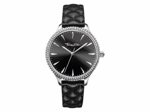 Damenuhr von Thomas Sabo, Modell WA0322-221, mit schwarzem Zifferblatt und elegantem schwarzen, geflochtenem Lederarmband, besetzt mit strahlenden Akzenten.