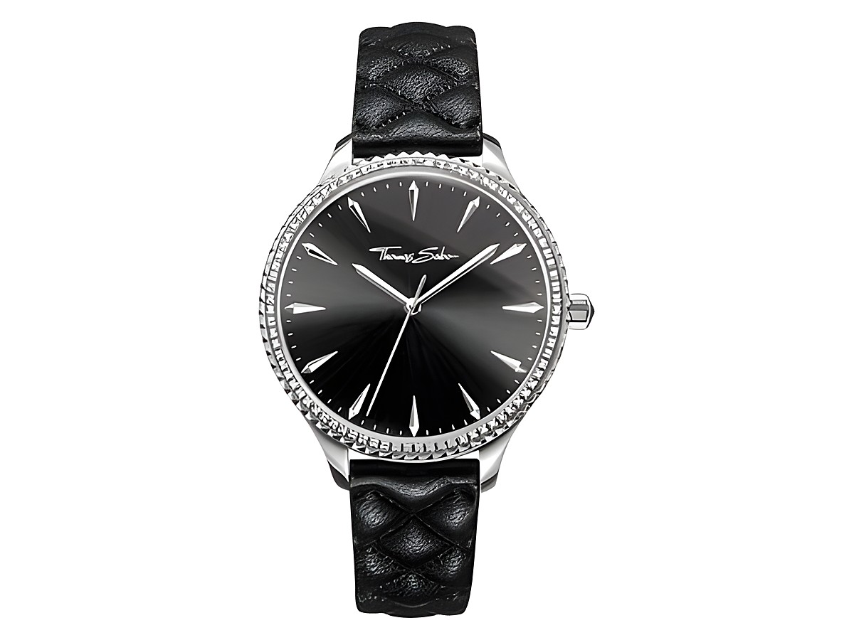 Damenuhr von Thomas Sabo, Modell WA0322-221, mit schwarzem Zifferblatt und elegantem schwarzen, geflochtenem Lederarmband, besetzt mit strahlenden Akzenten.