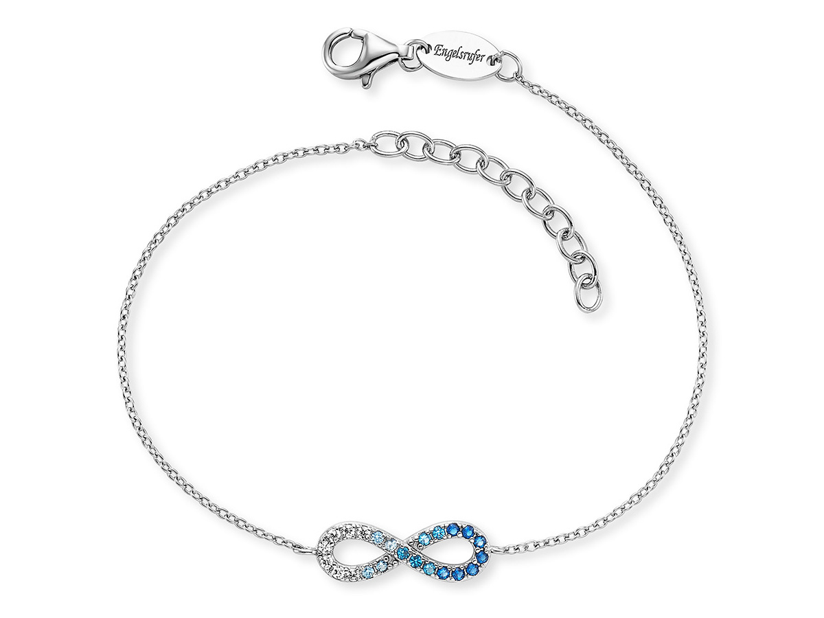 Silbernes Engelsrufer Armband mit Zirkonia und unendlichkeits Symbol, verstellbar von 17 bis 20 cm, filigrane Kette mit Karabiner, elegant und modern.