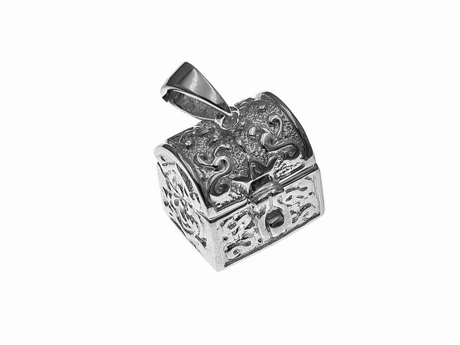 Medaillon in Form einer Schatztruhe aus 925 Sterling Silber mit kunstvollen Ornamenten, hergestellt von Juwelier Harnisch, einzigartiges Schmuckstück für besondere Anlässe.