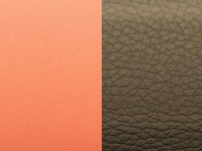 Zwei Leder-Einlagen in unterschiedlichen Farben für den Les Georgettes Armreif. Links ein sanftes Blush-Rosa, rechts ein dunkles Bronze mit feiner Struktur.
