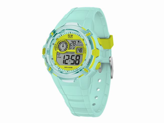 Die Ice Watch Uhr 023267 - ICE digit explorer in Türkis Gelb hat ein digitales Ziffernblatt mit einem hellen, mintgrünen Armband und gelben Akzenten. Sie ist robust und wasserdicht bis 100 Meter.