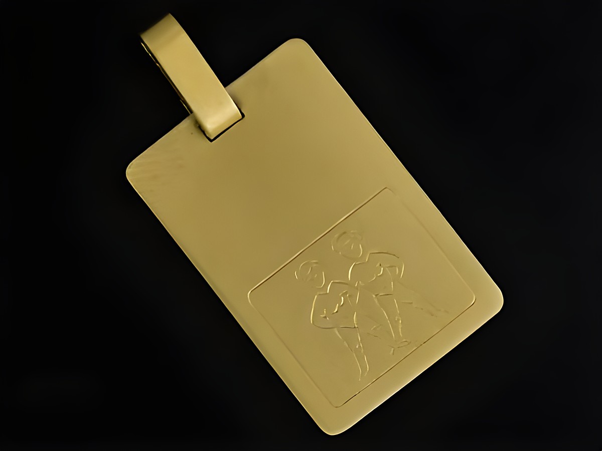 Zwilling Anhänger Gold 333 Sternzeichen Gravurplatte rechteckig mattiert mit abgebildeten Zwillingen Juwelier Harnisch Zwillinge.