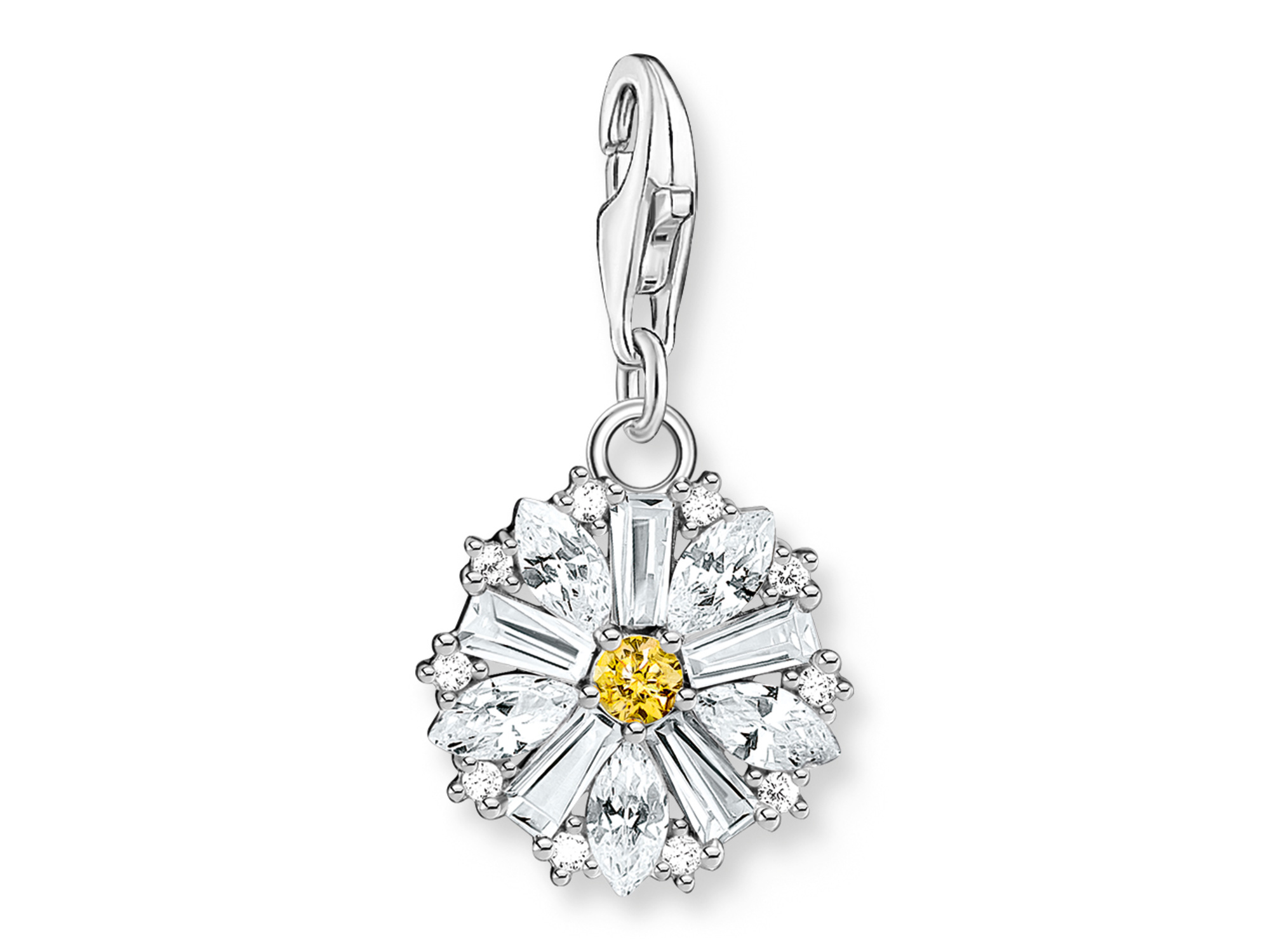 Charm-Anhänger von Thomas Sabo in Form einer Blume, verziert mit glitzernden Steinen, darunter ein gelber Stein in der Mitte, ideal für individuelle Schmuckstücke.