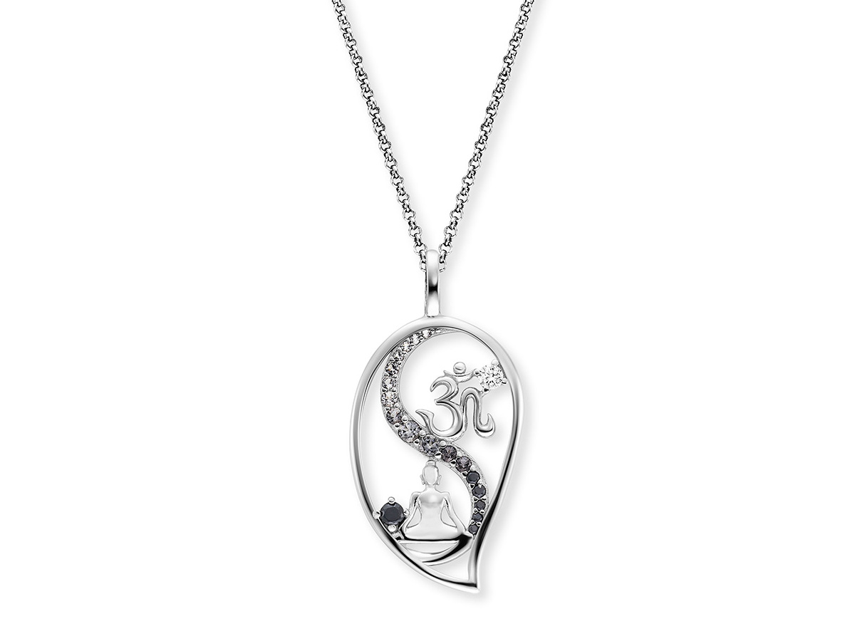 Elegante Engelsrufer Kette in Silber mit Yin Yang Symbol und Zirkonia, stilvoll gestaltet mit einem tropfenförmigen Anhänger, Länge 42 plus 4 plus 4 cm, neu und modisch.