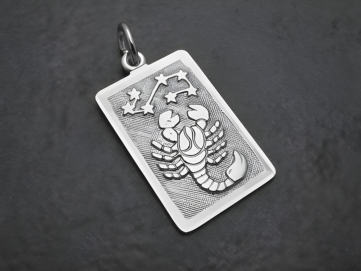 Ein rechteckiger Anhänger aus rhodiniertem Sterling Silber mit dem Motiv eines Skorpions und Sternbildern, ideal für Skorpion-Geborene, angeboten von Juwelier Harnisch.