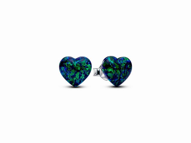 Ohrringe in Herzform aus Sterling Silber mit schimmernden grünen und blauen synthetischen Opalen, Hersteller Pandora, Modell 293356C01, ideal für elegante Anlässe.