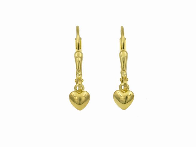 Ohrhänger in Herzform aus Sterling Silber, gelbgold vergoldet, ideal für Kinder, Hersteller Juwelier Harnisch, mit liebevollem Design, perfekt für kleine Ohren.