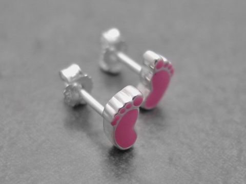 Ohrringe mit Babyfußabdruck aus Sterling Silber, pink lackiert, niedlich und perfekt für Kinder, hergestellt vom Juwelier Harnisch.