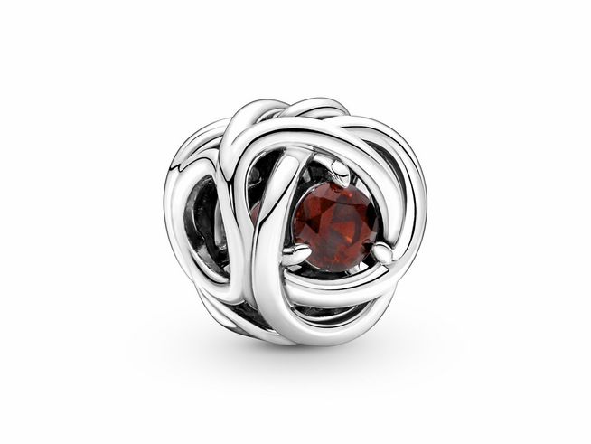 Pandora roter Ewigkeitskreis Charm aus Silber mit einem roten Kristall, dekoriert mit einem filigranen Muster aus geschwungenen Linien, ideal für individuelle Schmuckstücke.