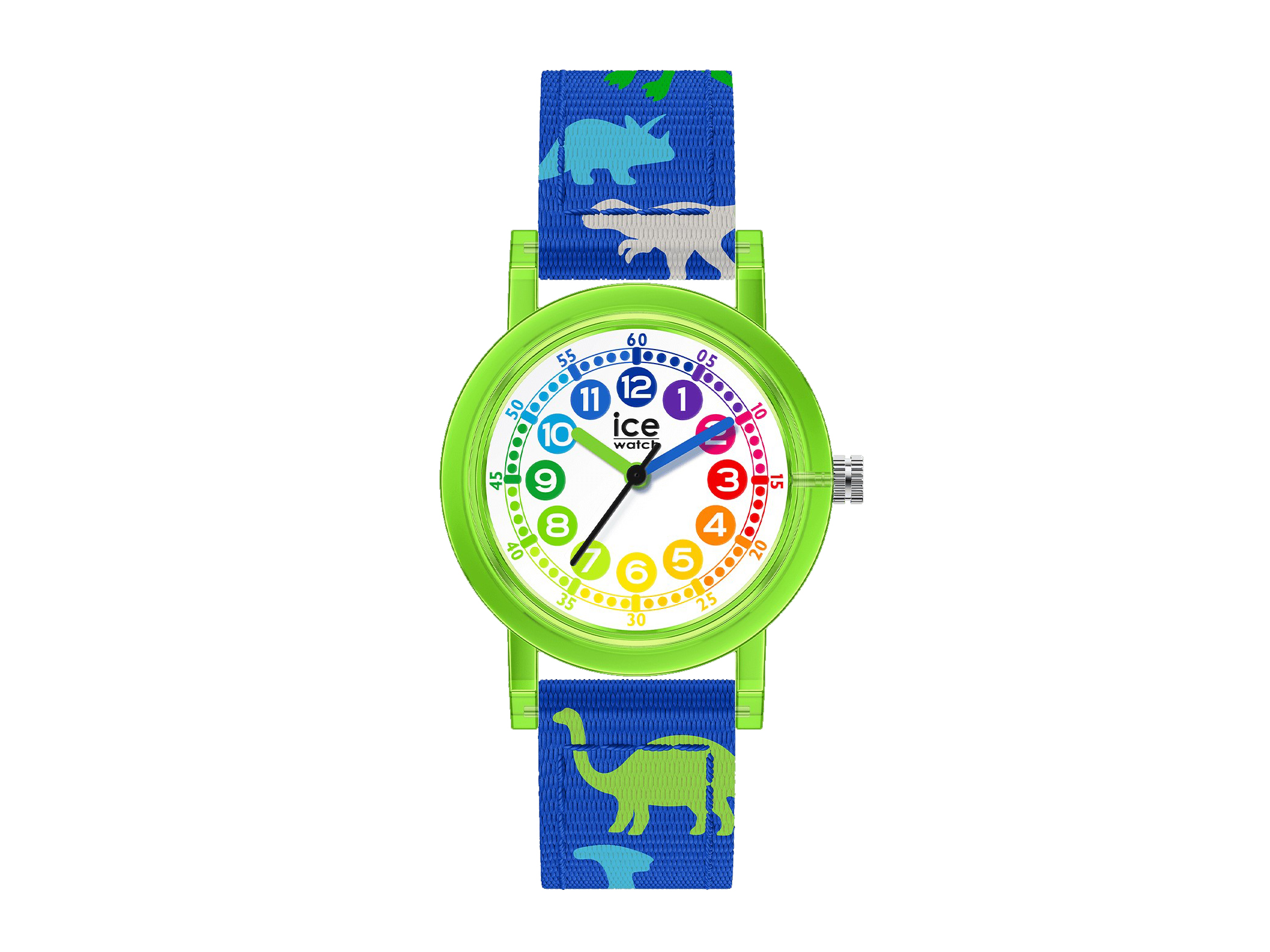 Die Ice Watch 024501 ist eine farbenfrohe Lernuhr in Blau und Grün mit einem Gummiband, das mit bunten Dinosauriern bedruckt ist und ein spielerisches Ziffernblatt zeigt.