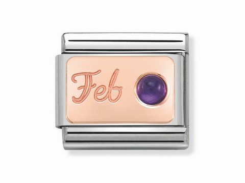 Roségoldenes Charm mit einem violetten Amethyst für den Monat Februar und der eingeprägten Aufschrift Feb, umrahmt von einem silbernen Rahmen, passend zu weiteren Nomination Elementen.