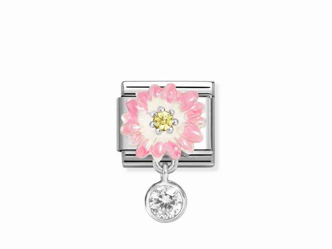 Charm von Nomination in Silber mit rosa Margerite, Brillant-Schliff, Zirkonia und Emaille in Weiß und Gelb, ideal für eine individuelle Armbandgestaltung.