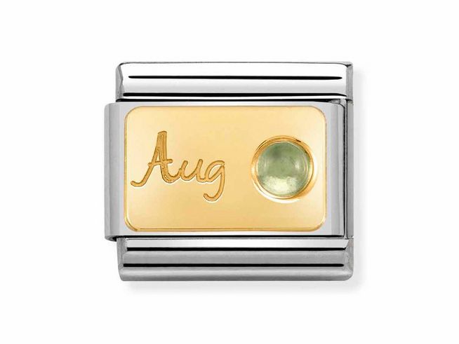 Edelstahl und Gold charm mit dem Monatsstein Peridot für August, goldene Fläche mit der Gravur Aug und einem grünen Stein. Elegantes Design für individuellen Schmuck.