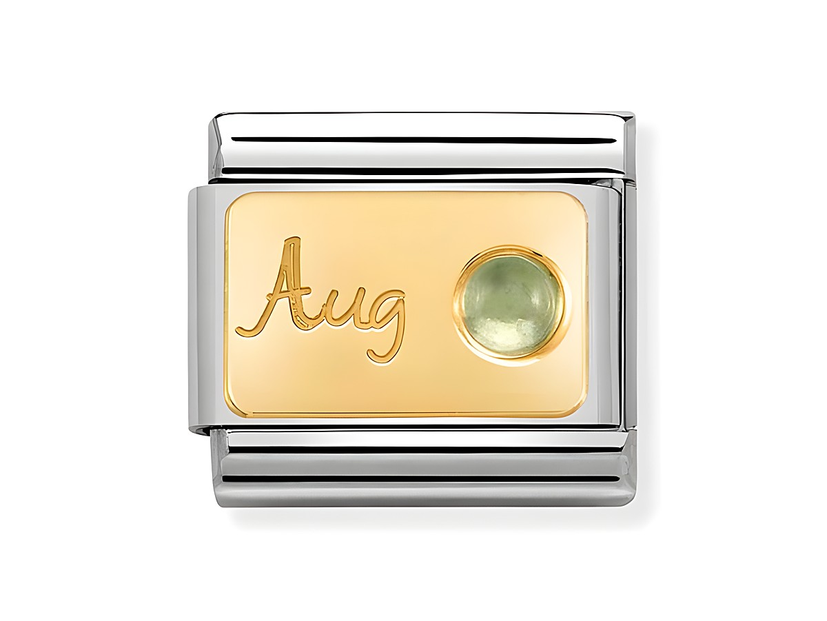 Edelstahl und Gold charm mit dem Monatsstein Peridot für August, goldene Fläche mit der Gravur Aug und einem grünen Stein. Elegantes Design für individuellen Schmuck.