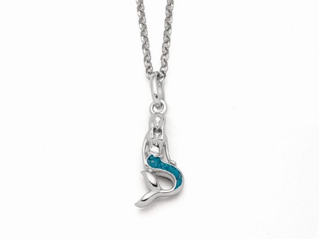 Sterling Silber Kette mit einem Anhänger in Form einer Meerjungfrau, verziert mit blauem Steinsand, Gesamtlänge 42 cm, elegantes und verspieltes Design.