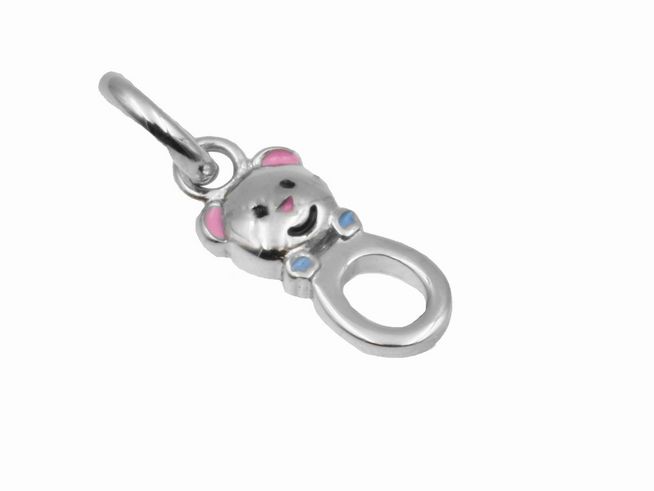 Teddy Anhänger aus 925 Sterling Silber, poliert und rhodiniert, mit bunten Details, ideal für Kinder. Hersteller Juwelier Harnisch, süßes Design für Schmuckstücke.