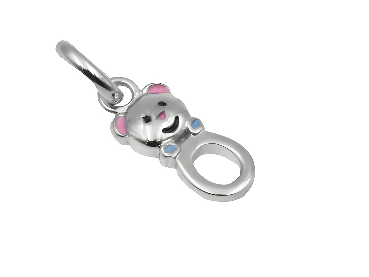 Teddy Anhänger aus 925 Sterling Silber, poliert und rhodiniert, mit bunten Details, ideal für Kinder. Hersteller Juwelier Harnisch, süßes Design für Schmuckstücke.