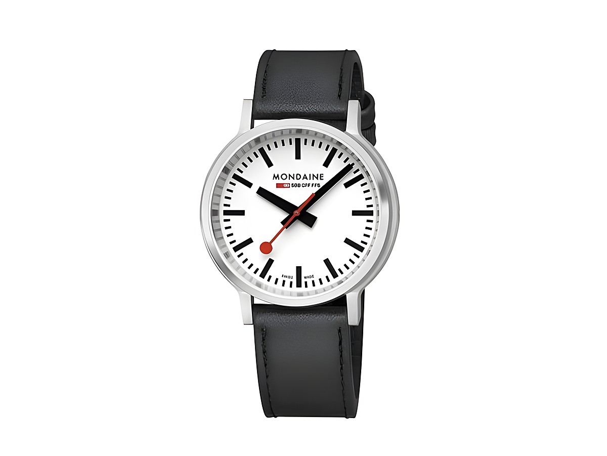 Mondaine Uhr MST.4101B.LBV.2SE Stop2Go aus Edelstahl mit schwarzem Lederarmband und weißem Zifferblatt, schwarze Ziffern und rote Sekunde, 41 mm Gehäusedurchmesser.