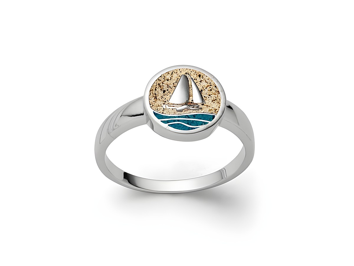 DUR Strandring Ahoi in Sterling Silber mit maritimen Design, zeigt ein Segelboot mit Sand- und Wasseroptik, Größe 56, Hersteller DUR.