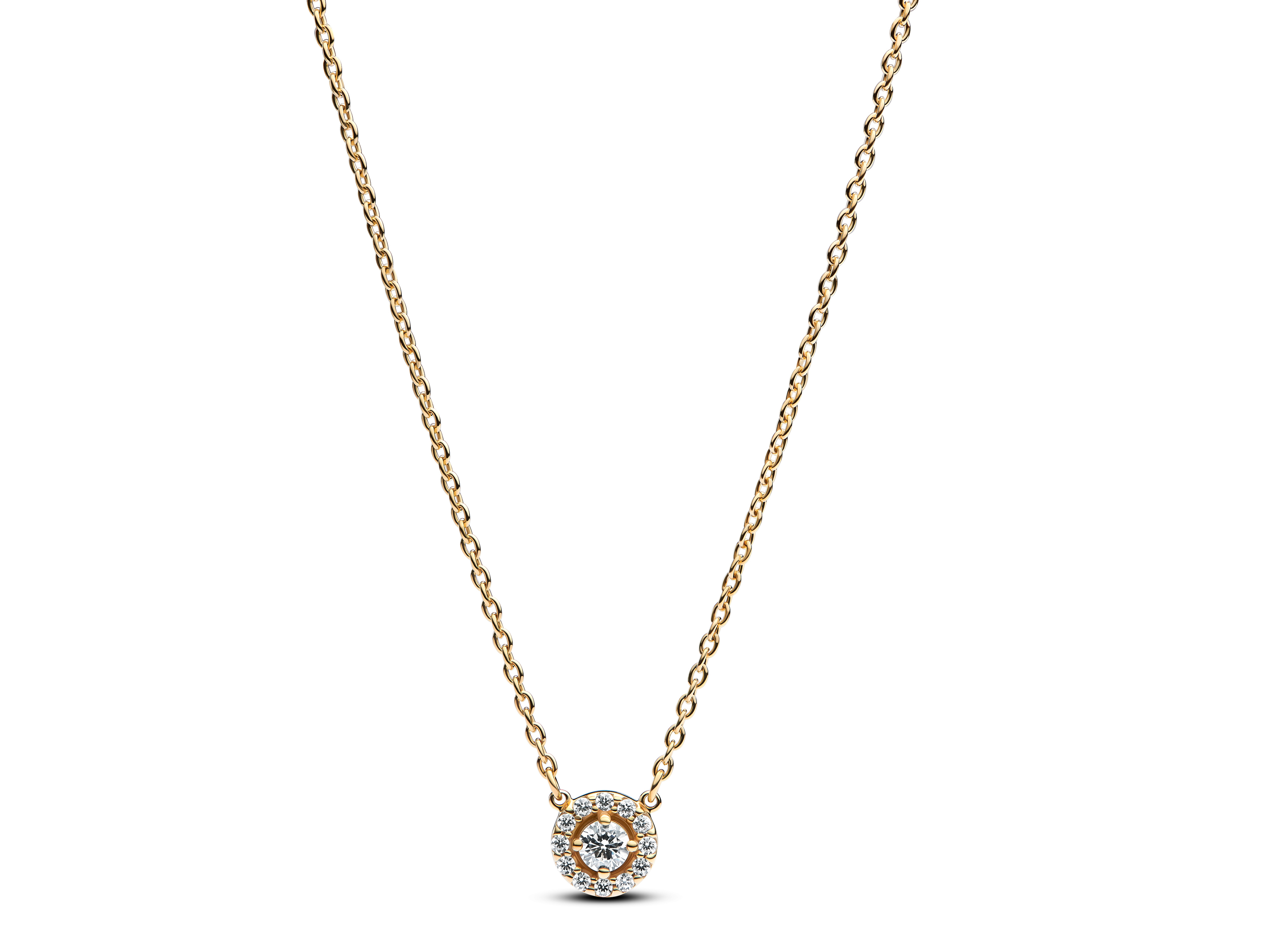 Ein elegantes Collier von Pandora in gelbgold vergoldet mit klaren Zirkonia, ideal für besondere Anlässe. Die Kette ist 45 cm lang und strahlt zeitlose Schönheit aus.