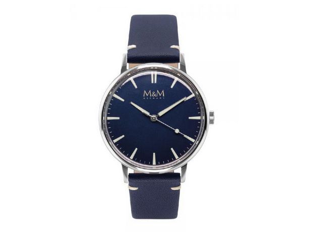 Elegante M&M Damenuhr M11952-848 aus der New Classic Kollektion, mit einem blauen Ziffernblatt und einem blauen Lederarmband, ideal für stilbewusste Frauen. Hersteller M&M.