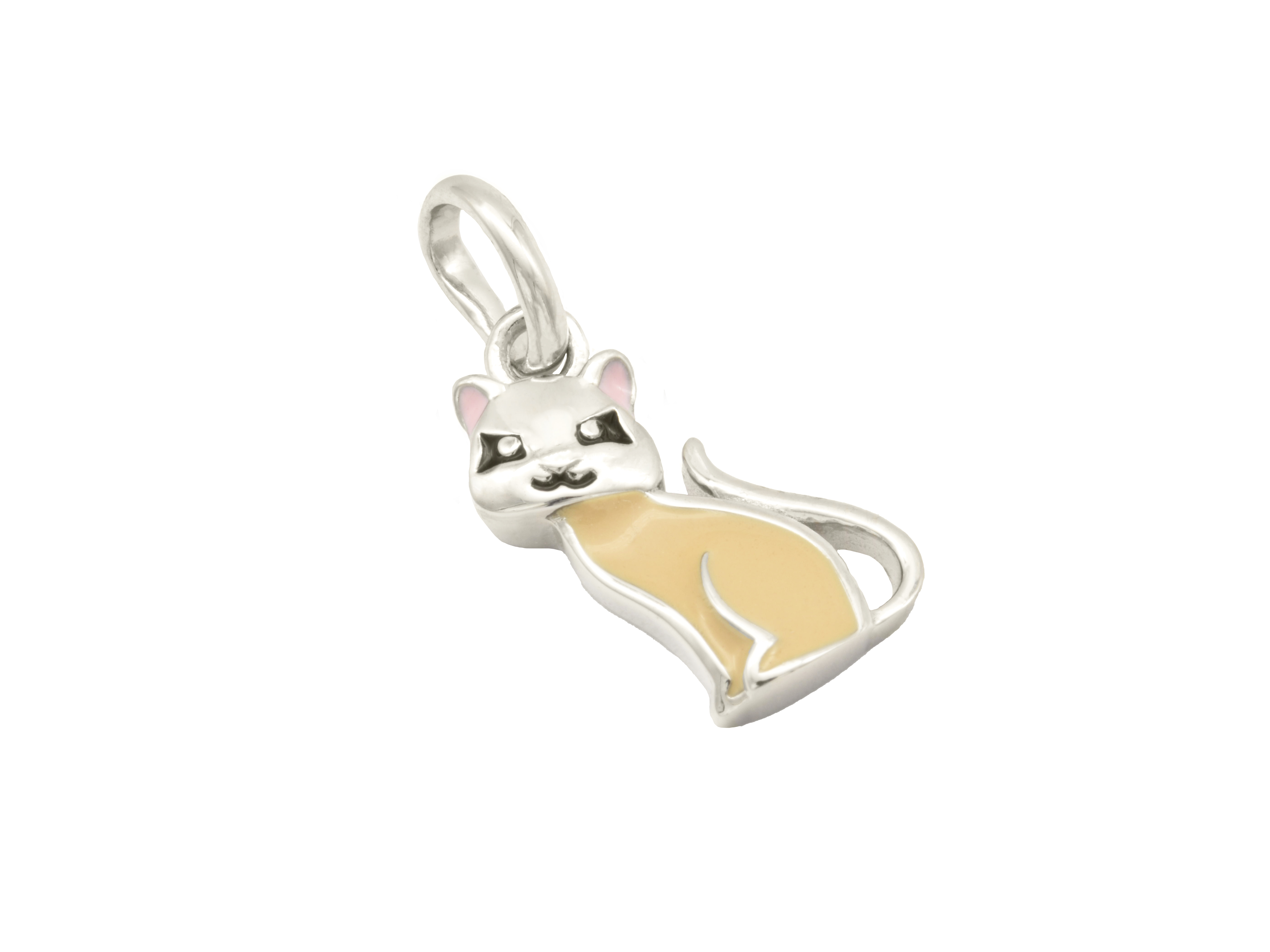 Anhängerdarstellung einer Katze aus rhodiniertem Sterling Silber 925 mit beige lackierter Oberfläche, idealer Kinderschmuck vom Hersteller Juwelier Harnisch.