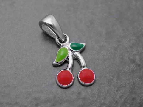 39545-0 Kirsche lackiert Sterling Silber Anhänger in Lack Hellgrün-Grün-Rot, hergestellt von Juwelier Harnisch, geeignet für Kinder.